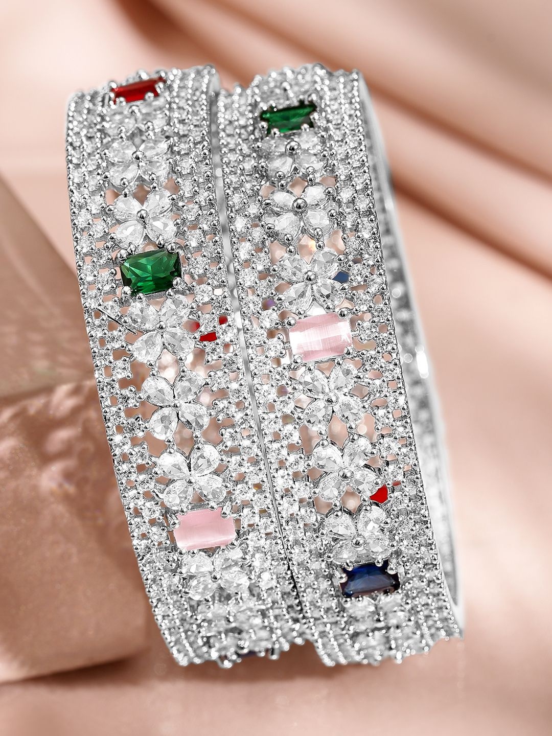 

Rubans Rhodium-Plated Multicolor Cubic Zirconia Studded Premium Bangles, Silver
