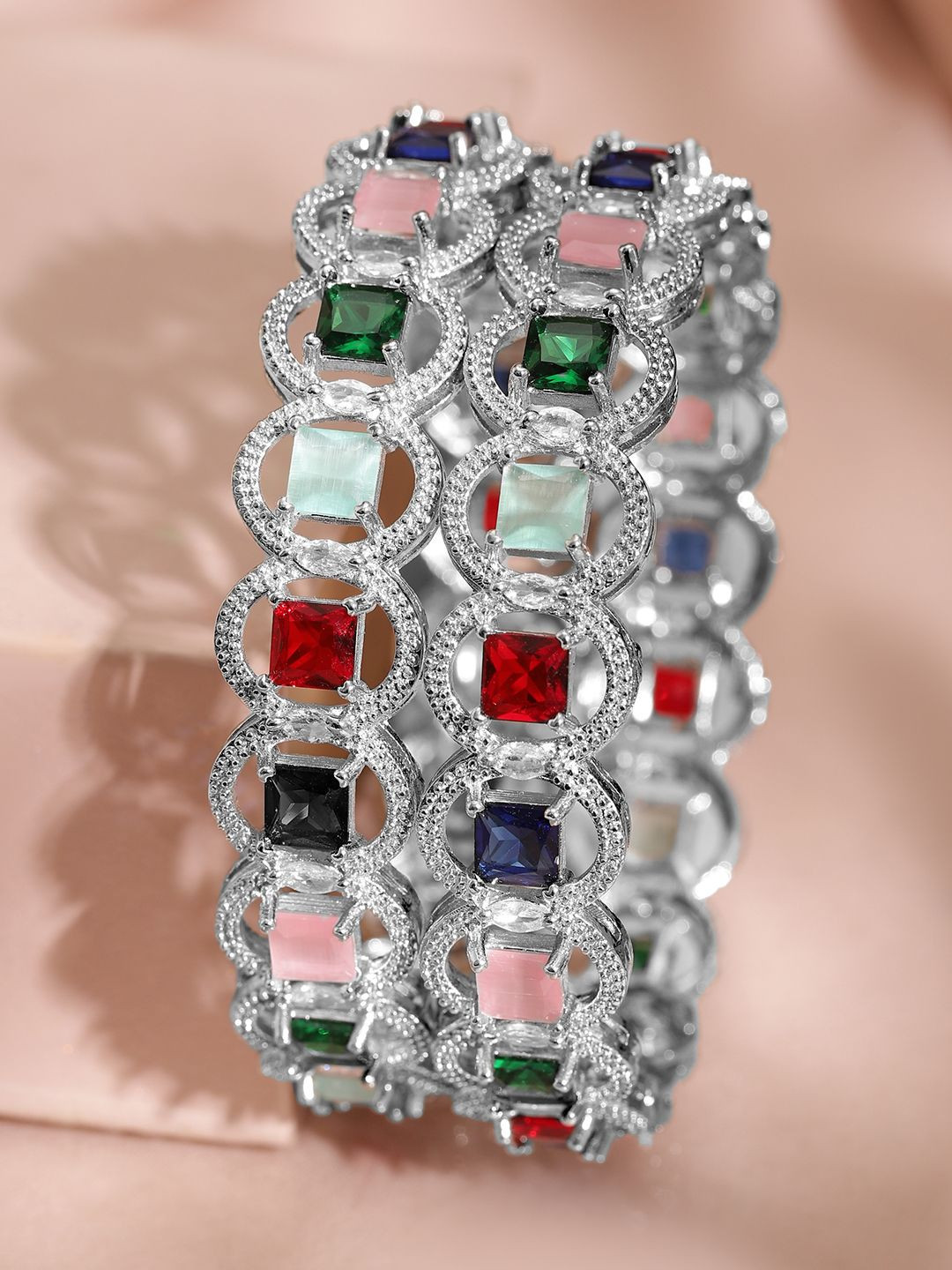 

Rubans Rhodium-Plated Multicolor Cubic Zirconia Studded Premium Bangles, Silver
