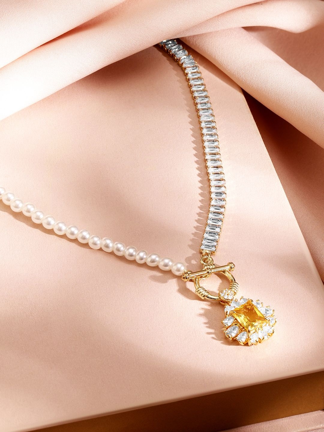 

Rubans 18K Gold-Plated Yellow Sapphire Pendant Pearl & Cubic Zirconia Necklace