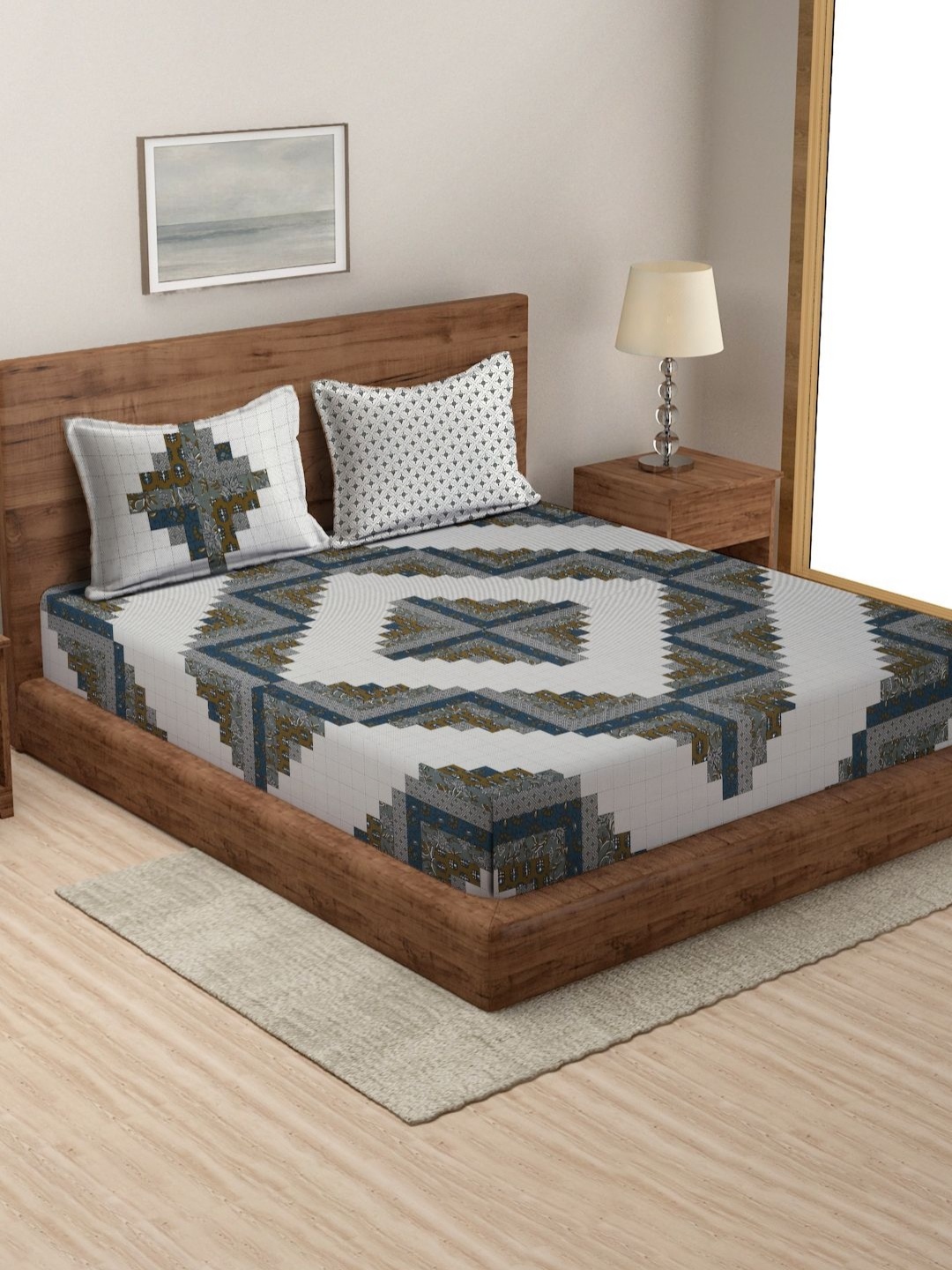 

Rajasthan Decor Navy Blue & White Geometric 180 TC King Bedsheet with 2 Pillow Covers
