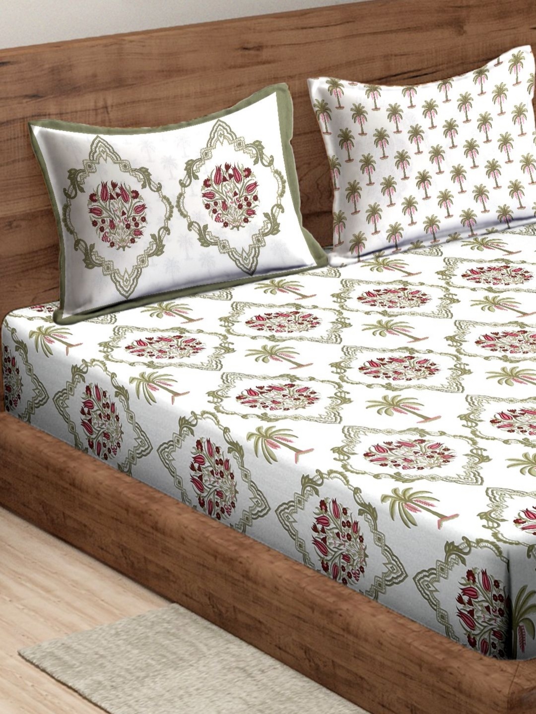 

Rajasthan Decor White & Green Floral 180 TC King Bedsheet with 2 Pillow Covers