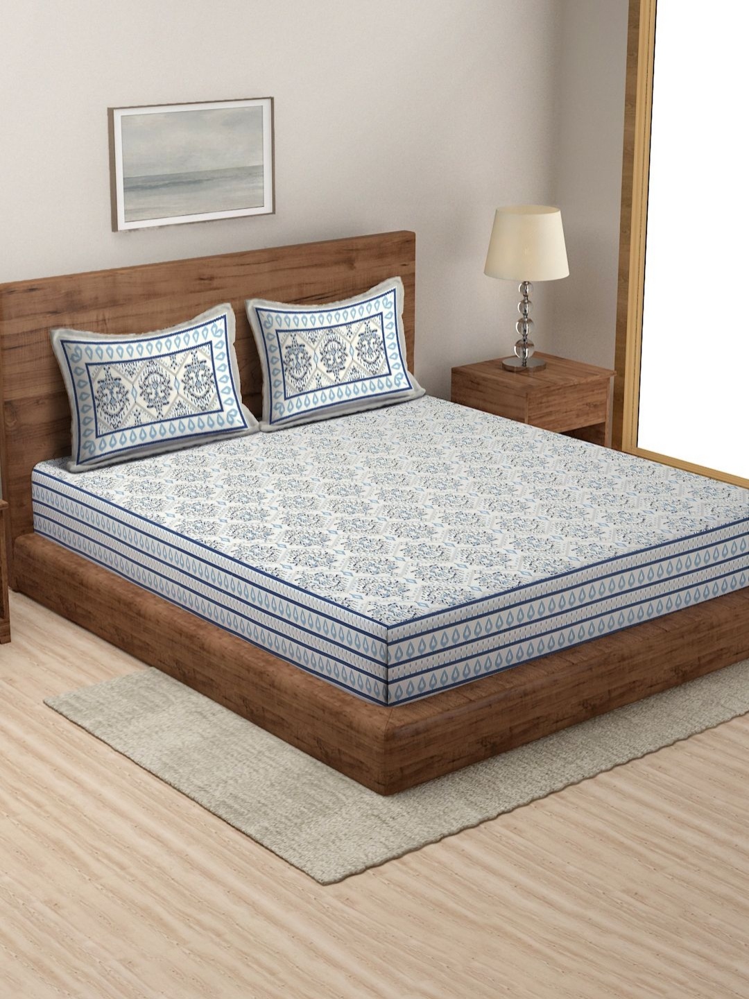 

Rajasthan Decor White & Blue Ethnic Motifs 180 TC King Bedsheet with 2 Pillow Covers