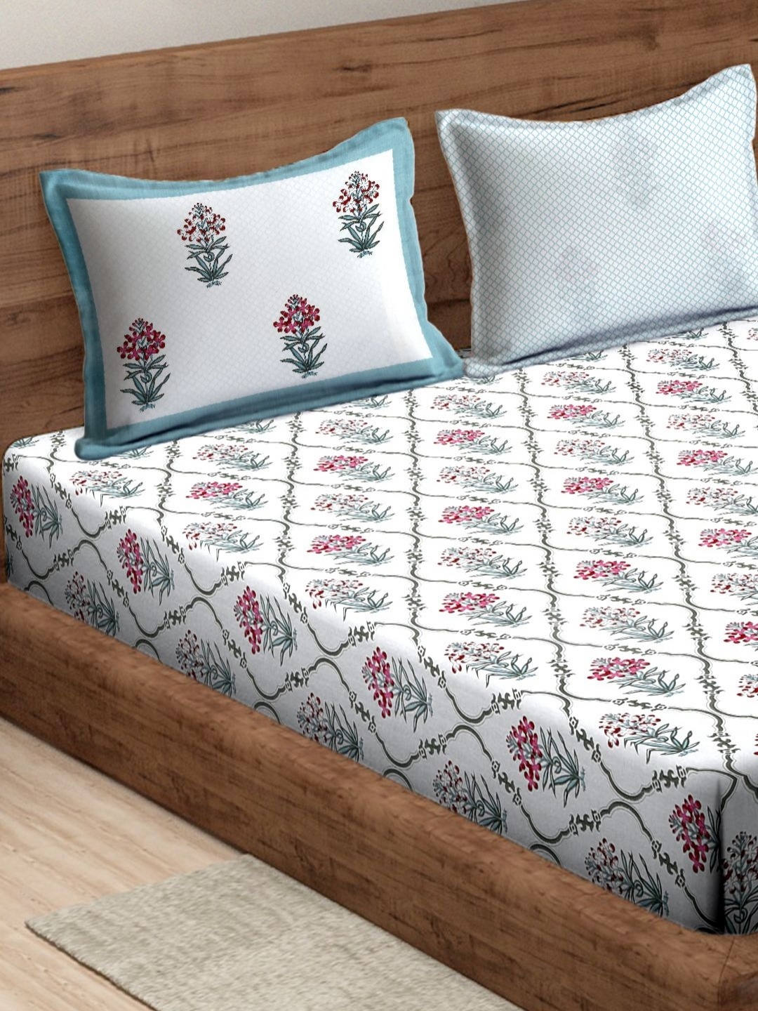 

Rajasthan Decor White & Blue Floral 210 TC King Bedsheet with 2 Pillow Covers