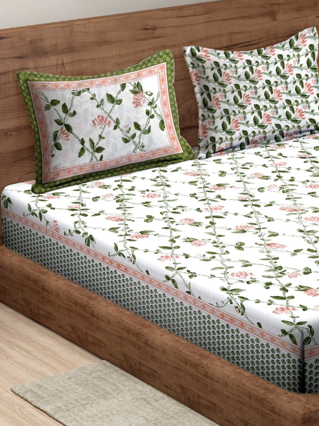 

Rajasthan Decor White & Green Floral 210 TC King Bedsheet with 2 Pillow Covers
