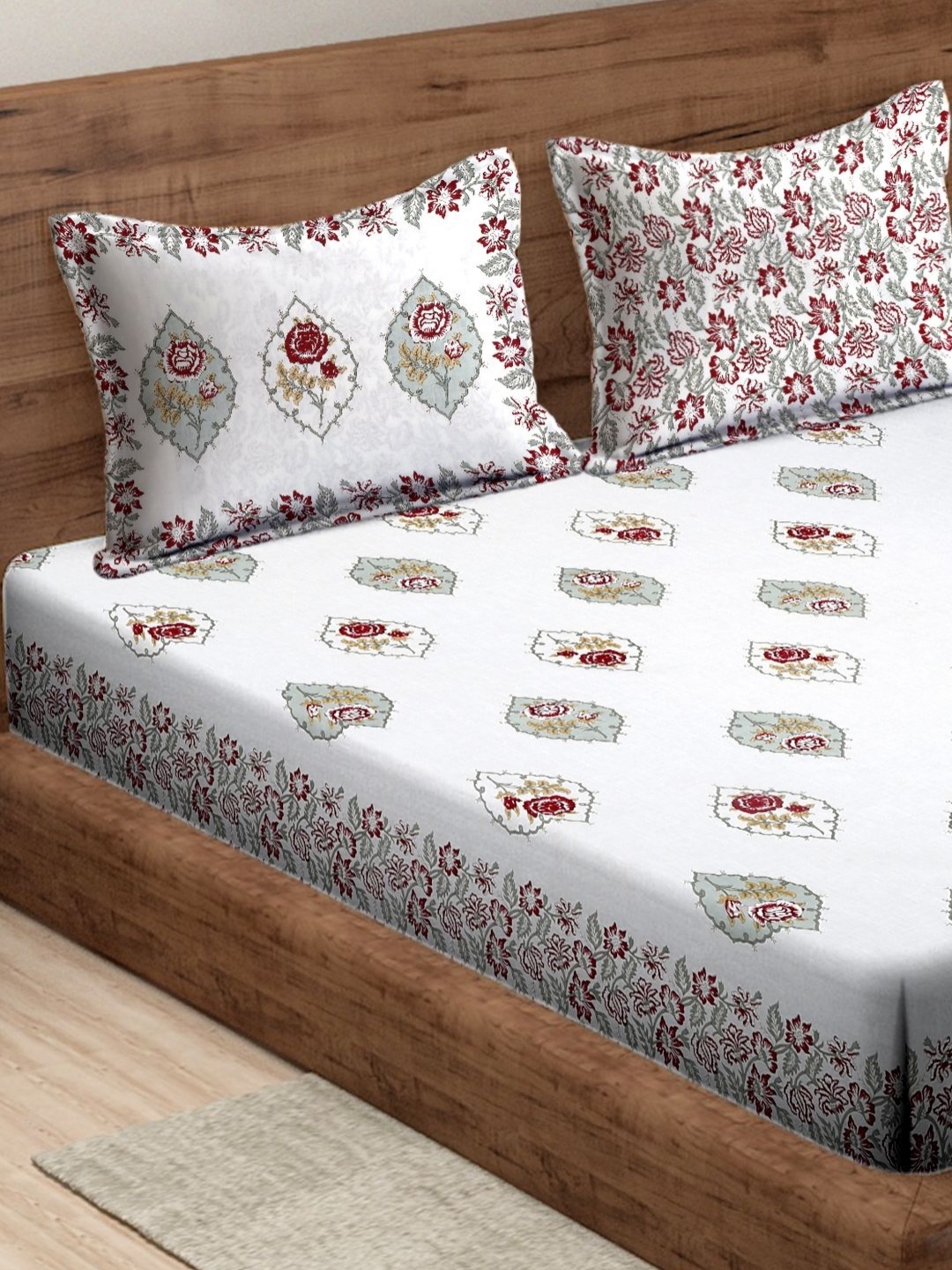 

Rajasthan Decor White & Red Floral 210 TC King Bedsheet with 2 Pillow Covers