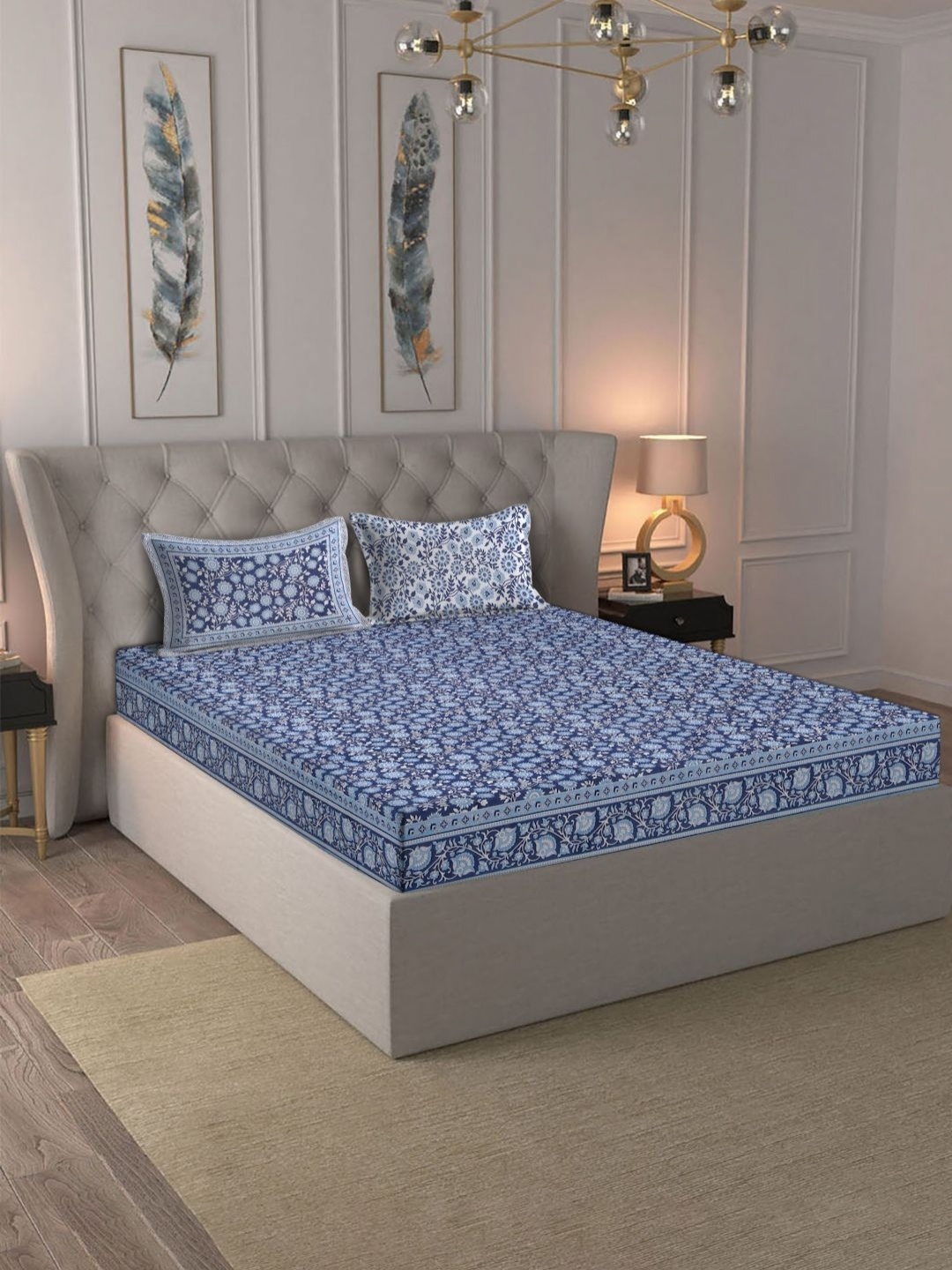 

Rajasthan Decor Blue & White Floral 180 TC King Bedsheet with 2 Pillow Covers