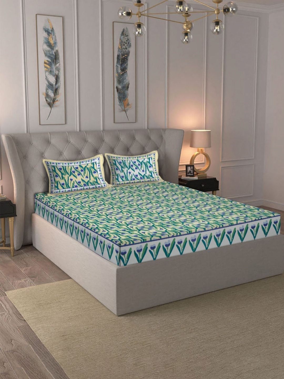 

Rajasthan Decor Lime Green & Green Floral 180 TC King Bedsheet with 2 Pillow Covers