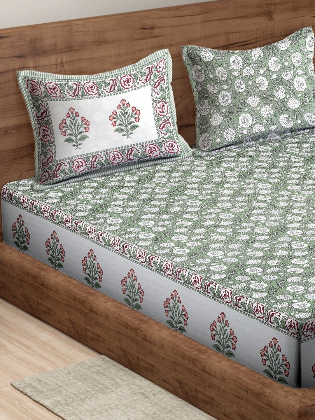 

Rajasthan Decor White & Green Floral 180 TC King Bedsheet with 2 Pillow Covers