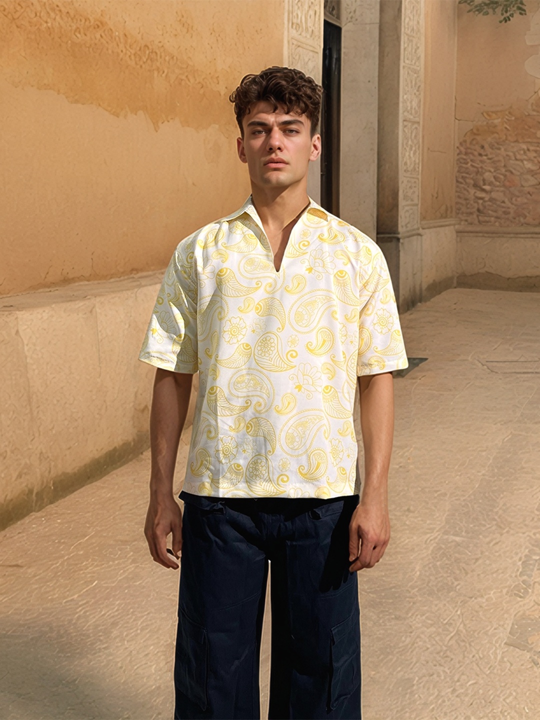 

UNRL Ethnic Printed Polo Collar Drop-Shoulder Sleeves Relaxed Fit T-Shirt, White
