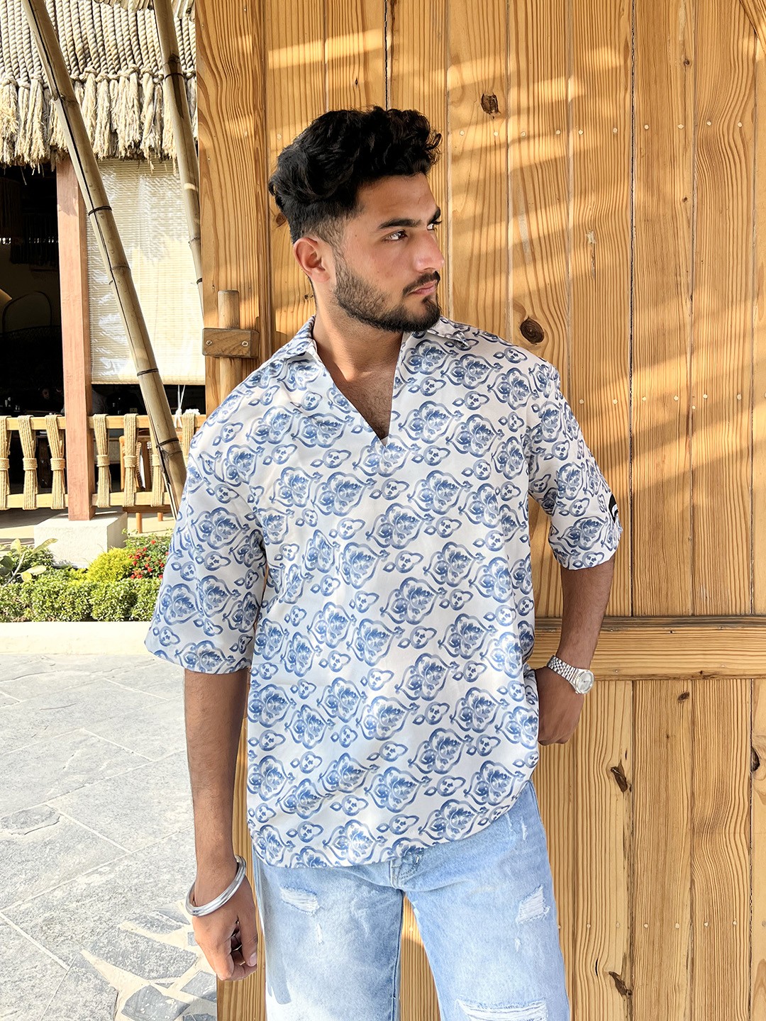

UNRL Ethnic Printed Polo Collar Drop-Shoulder Sleeves Relaxed Fit T-Shirt, Off white