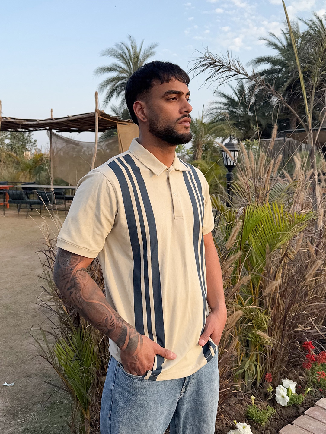 

UNRL Striped Polo Collar T-shirt, Beige