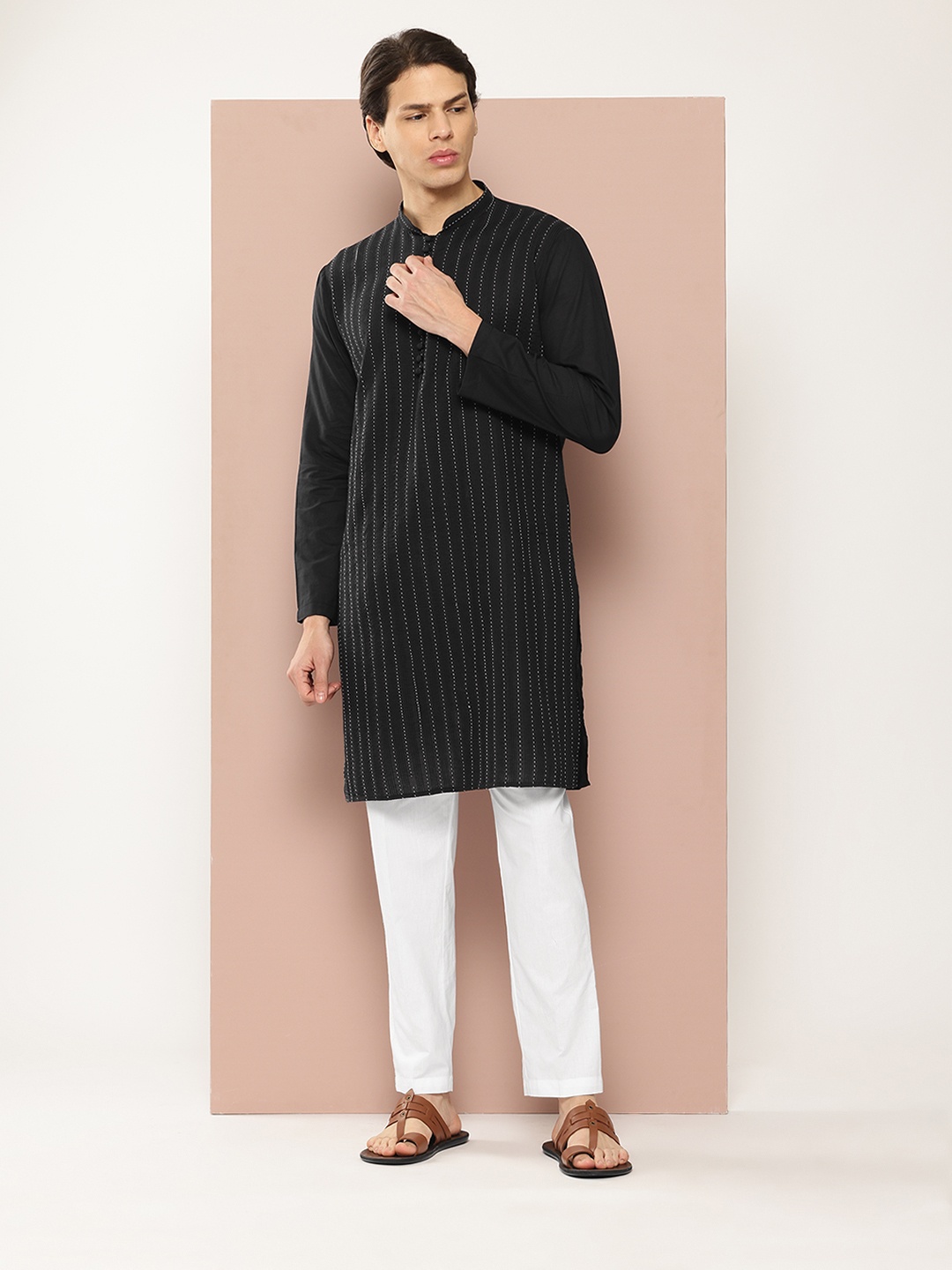 

See Designs Men Thread Work Pure Cotton Kurta with Pyjamas, Black