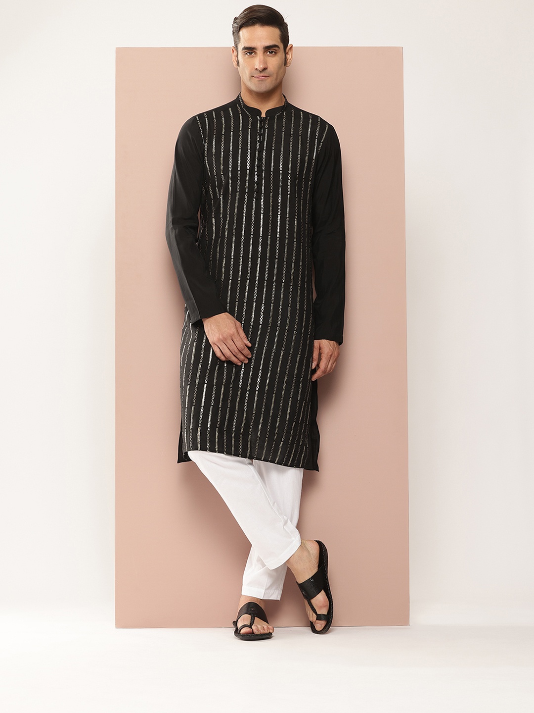 

See Designs Men Embroidered Sequinned Chanderi Silk Kurta with Pyjamas, Black