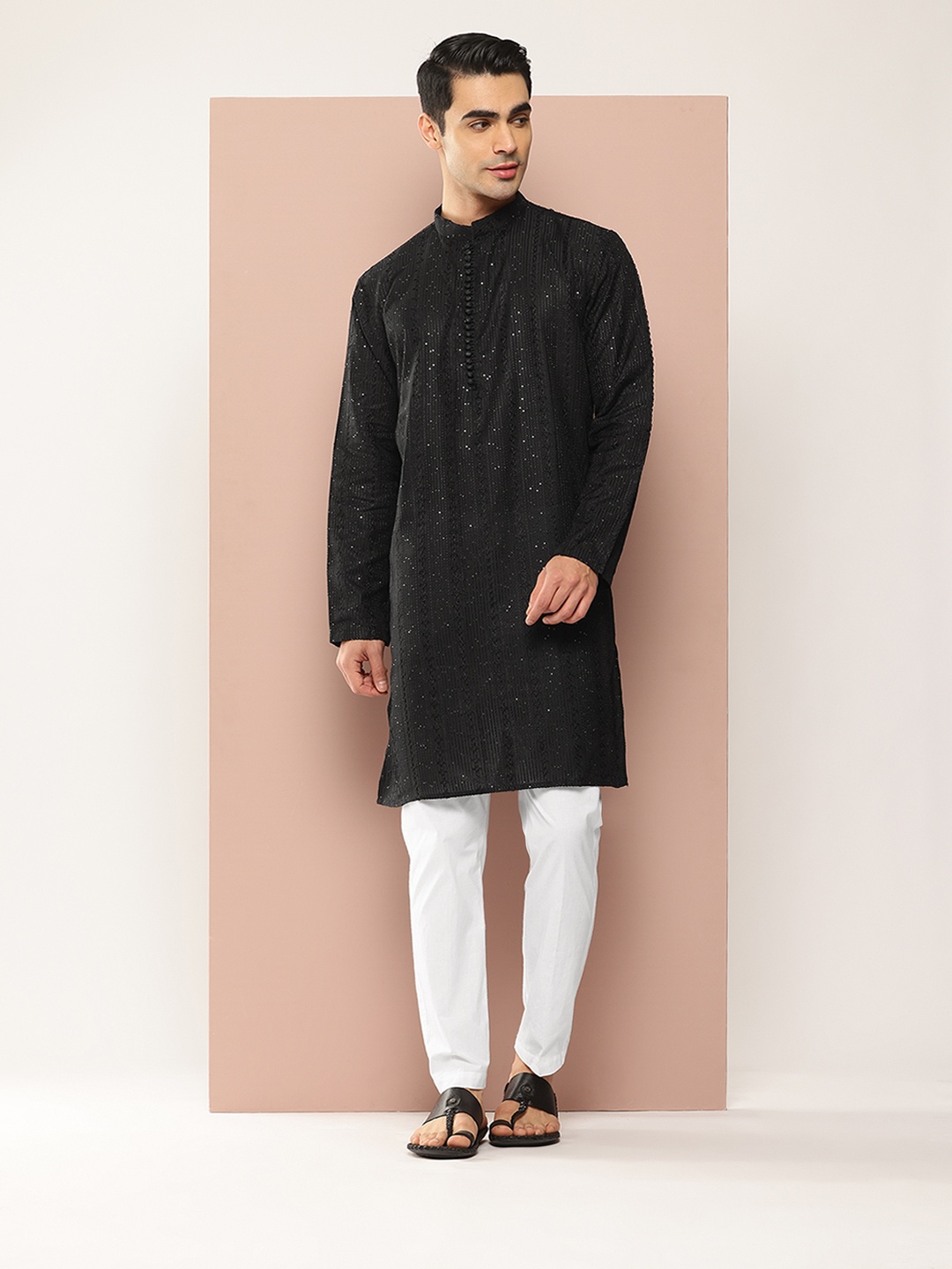 

See Designs Men Embroidered Sequinned Chanderi Silk Kurta with Pyjamas, Black