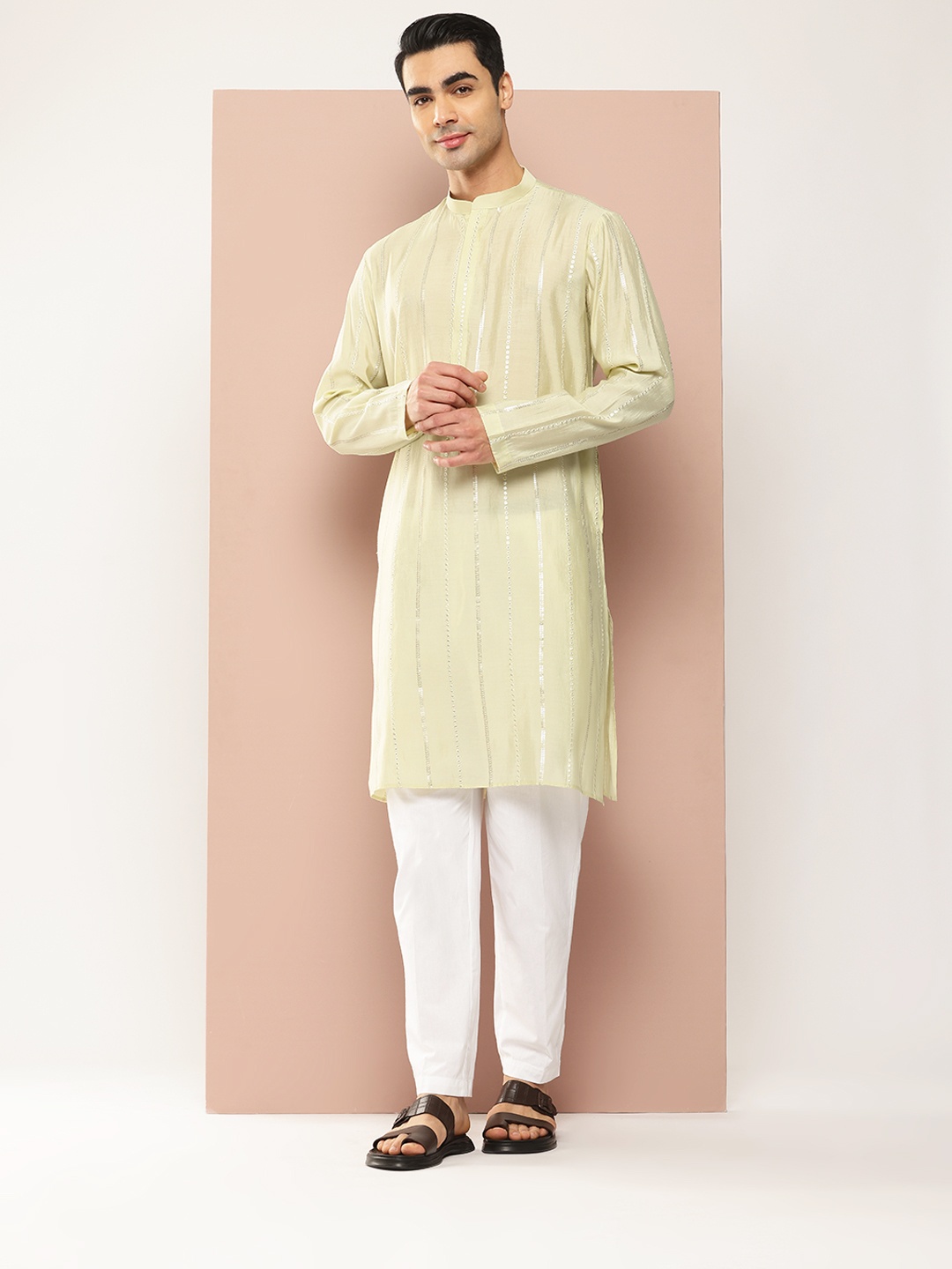 

See Designs Men Embroidered Sequinned Chanderi Silk Kurta with Pyjamas, Cream