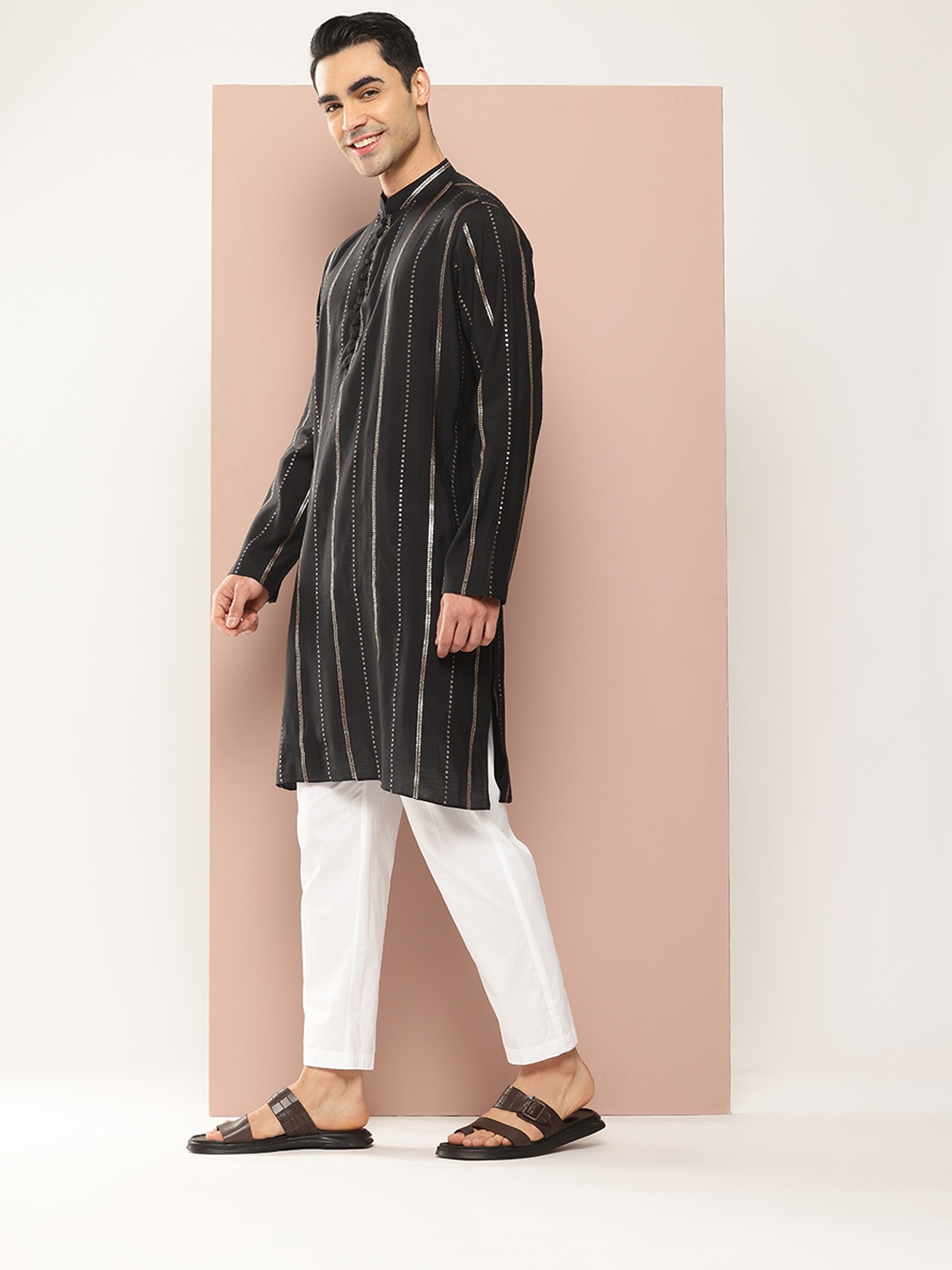 

See Designs Men Embroidered Sequinned Chanderi Silk Kurta with Pyjamas, Black