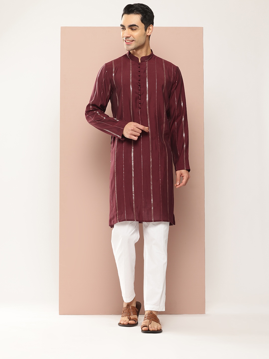 

See Designs Men Embroidered Regular Sequinned Chanderi Silk Kurta with Pyjamas, Burgundy