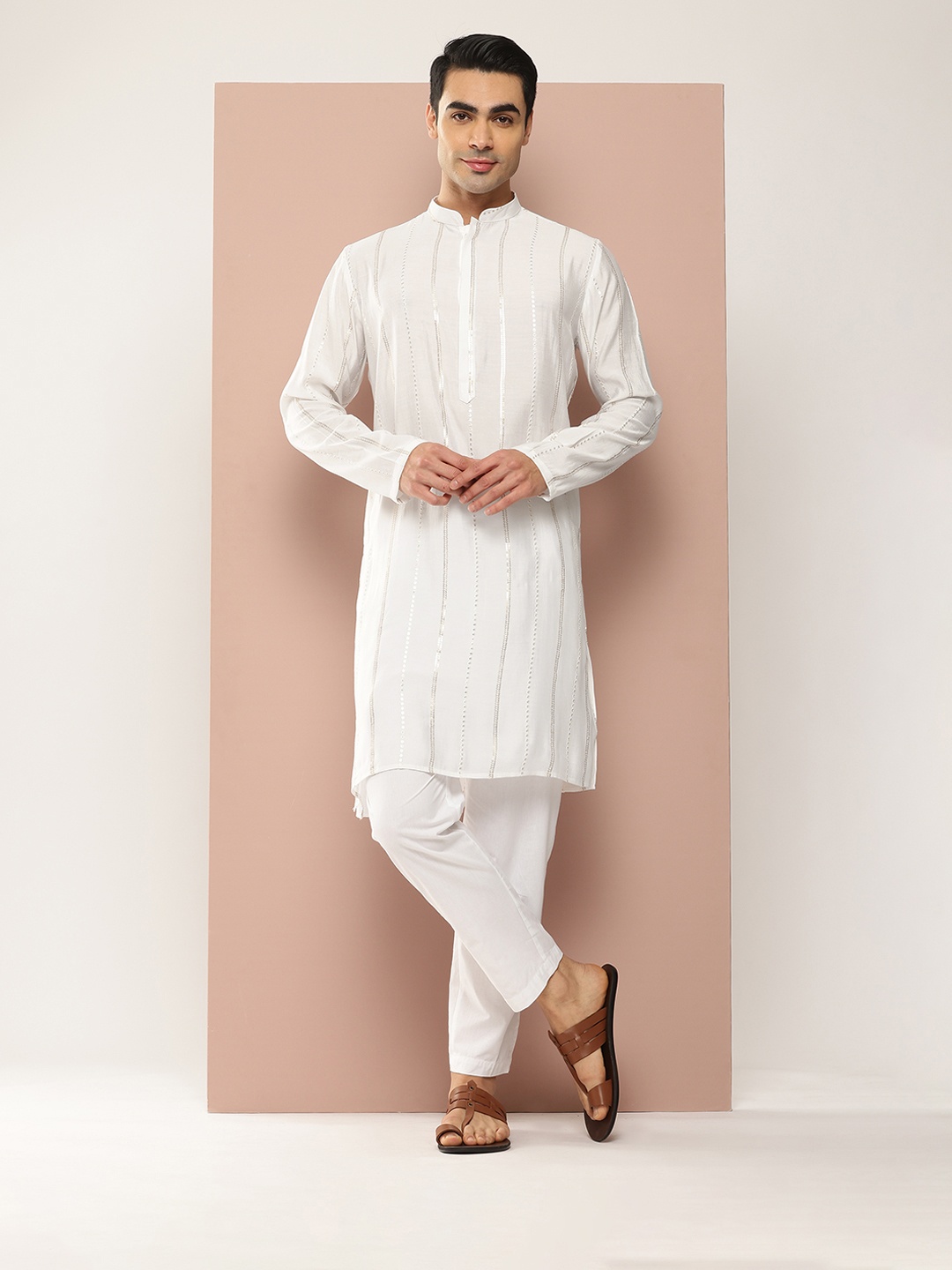 

See Designs Men Embroidered Sequinned Chanderi Silk Kurta with Pyjamas, Off white