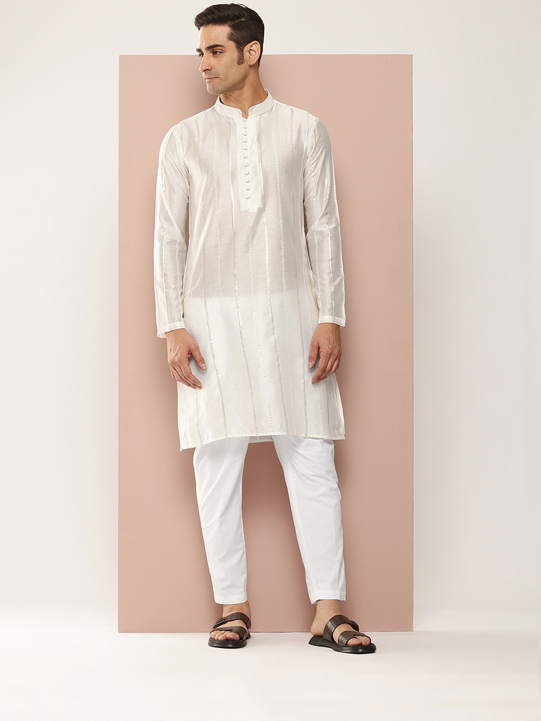 

See Designs Men Embroidered Sequinned Chanderi Silk Kurta with Pyjamas, Off white