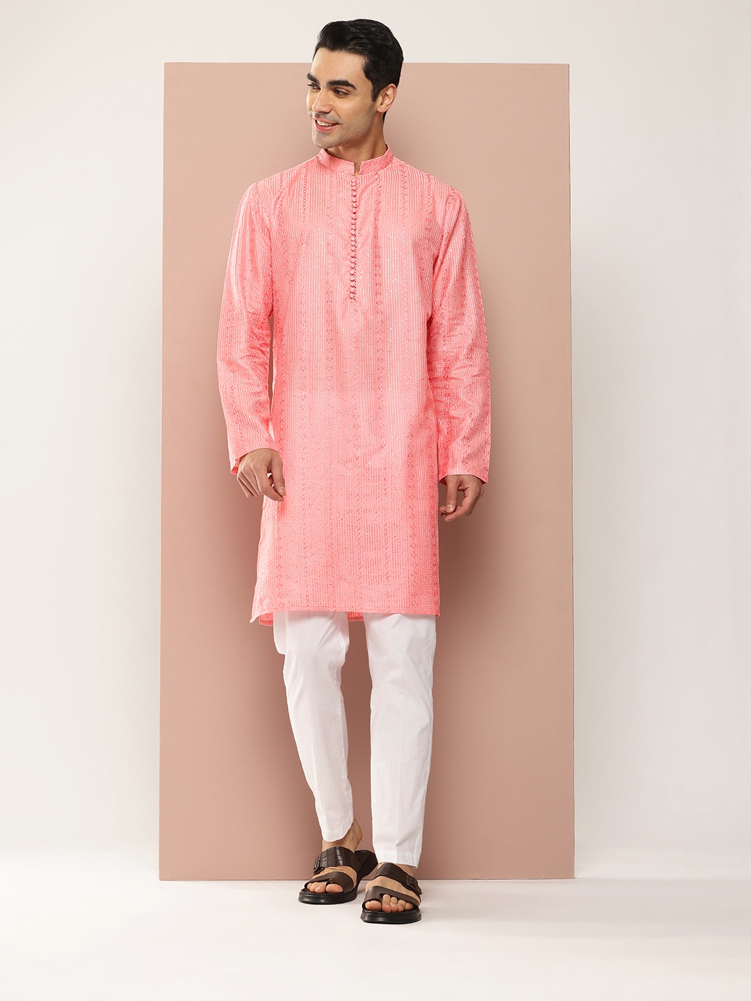 

See Designs Men Embroidered Sequinned Chanderi Silk Kurta with Pyjamas, Pink