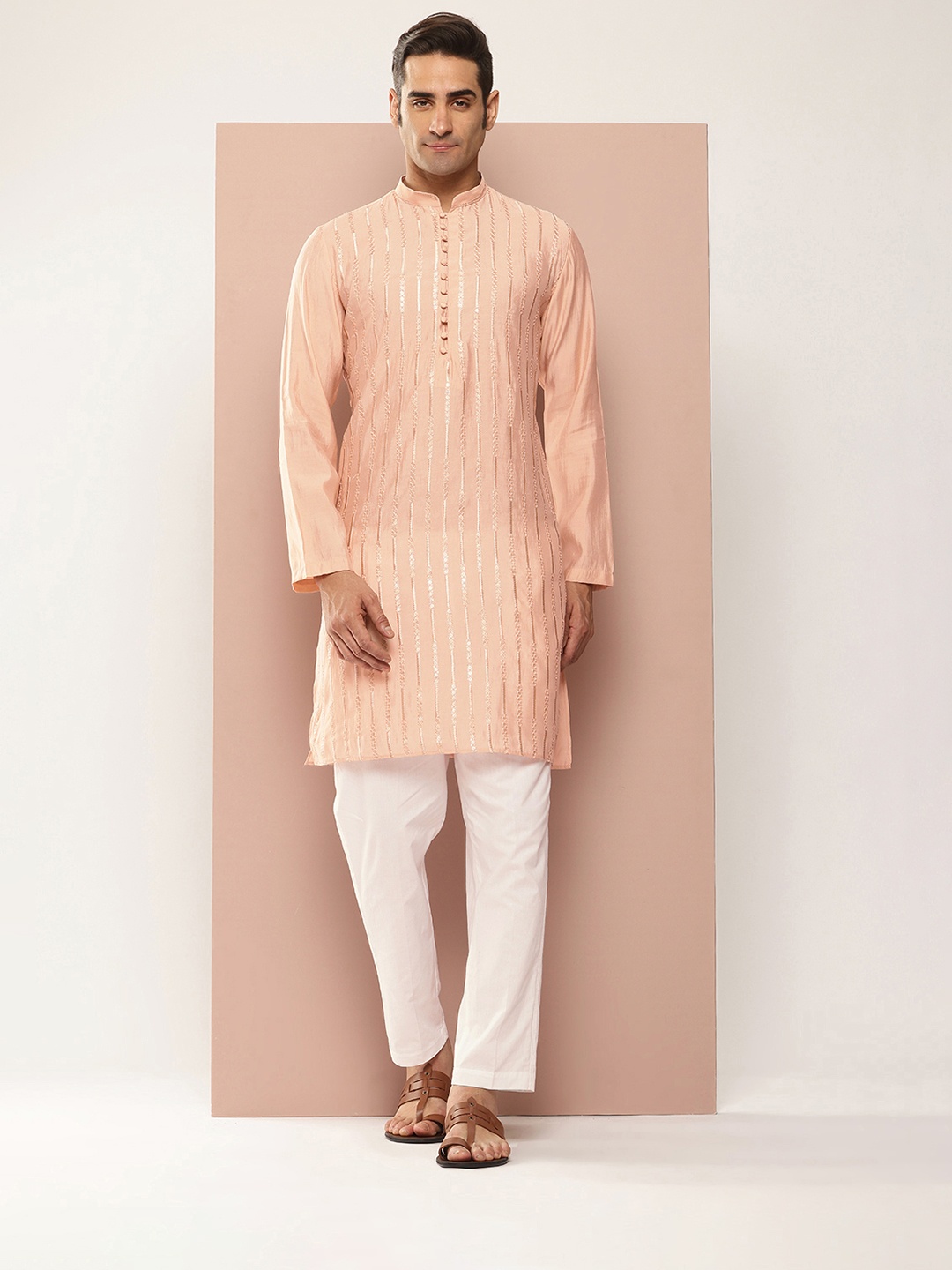 

See Designs Men Embroidered Sequinned Chanderi Silk Kurta with Pyjamas, Peach