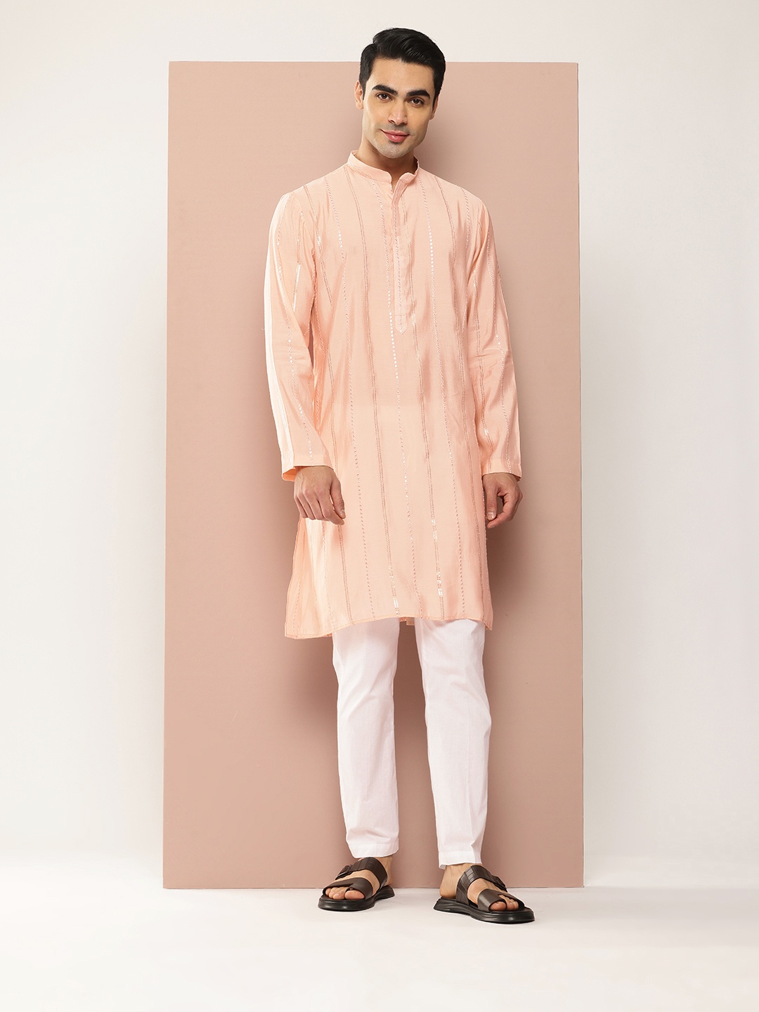 

See Designs Men Embroidered Sequinned Chanderi Silk Kurta with Pyjamas, Peach