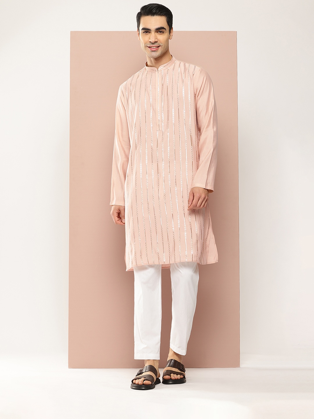 

See Designs Men Embroidered Sequinned Chanderi Silk Kurta with Pyjamas, Pink