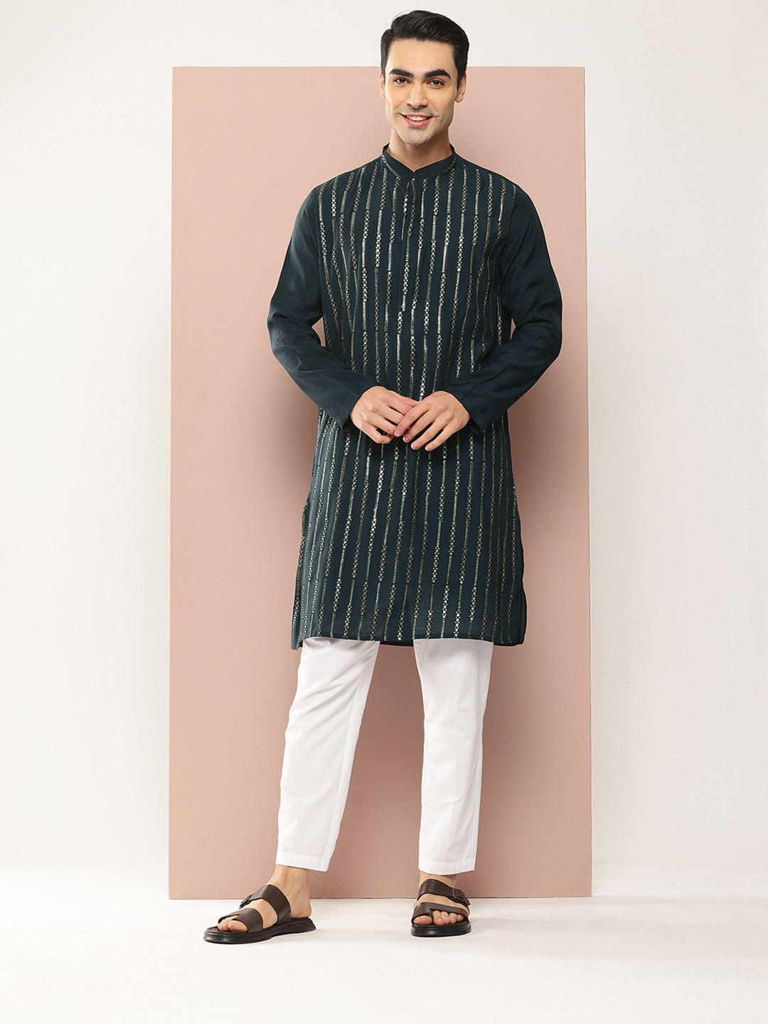 

See Designs Embroidered Sequinned Chanderi Silk Kurta with Pyjamas, Green