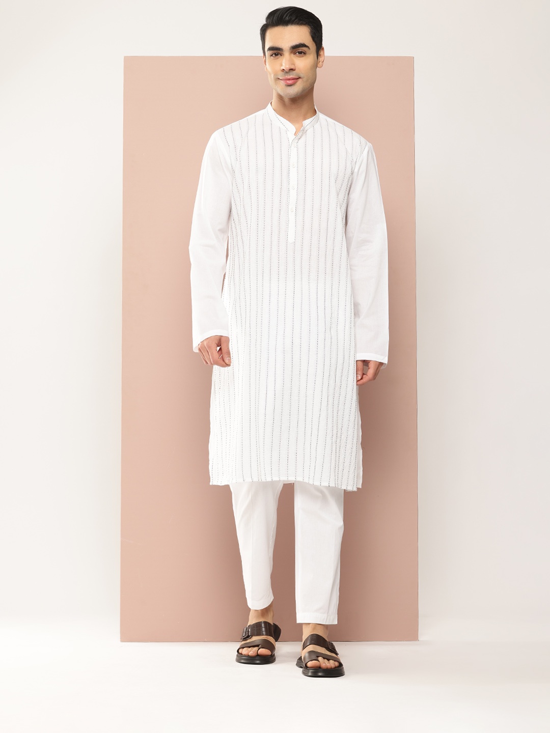 

See Designs Striped Thread Work Pure Cotton Kurta with Pyjamas, White