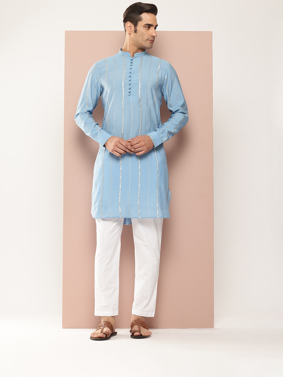 

See Designs Embroidered Sequinned Chanderi Silk Kurta with Pyjamas, Blue