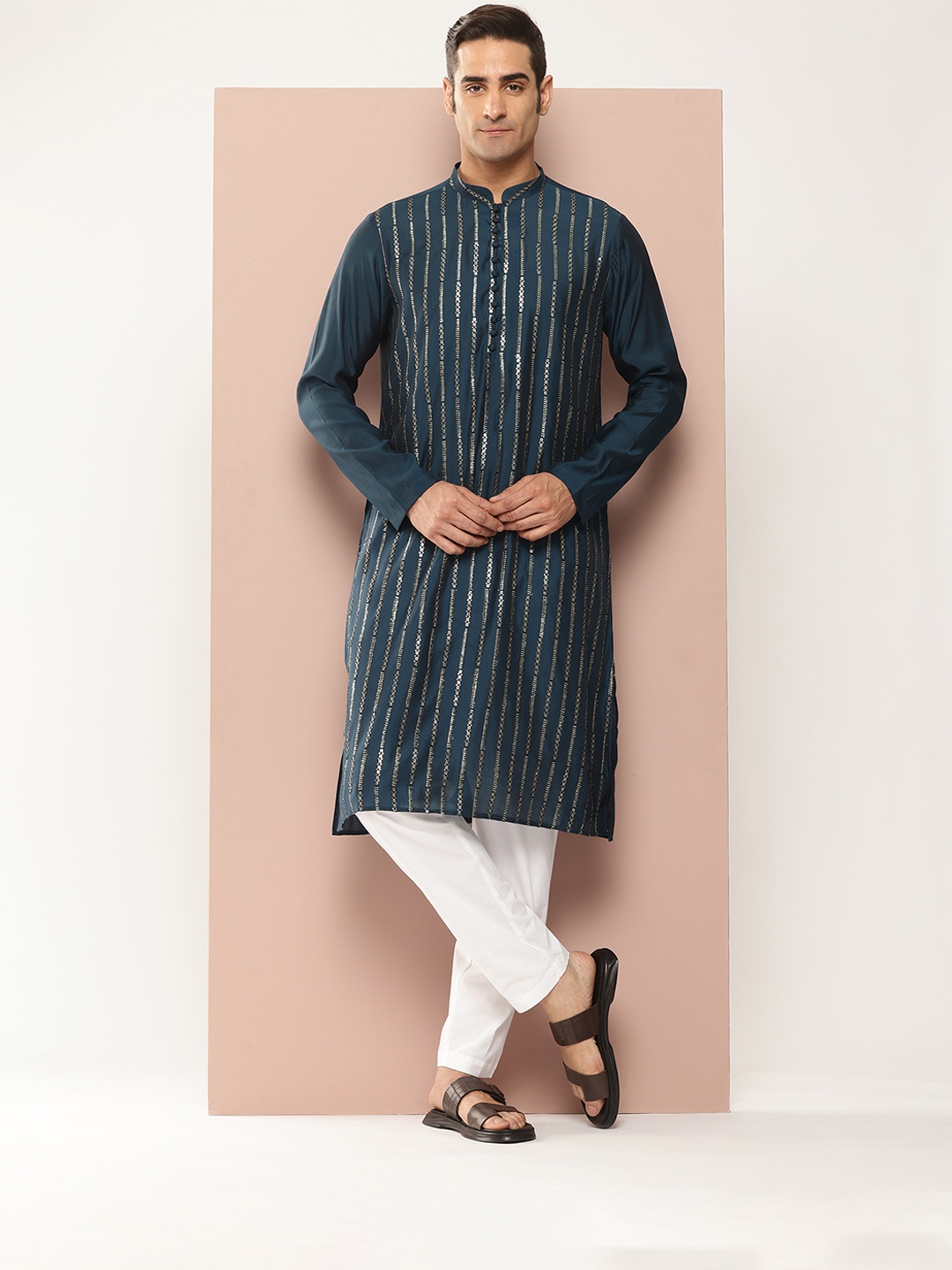 

See Designs Embroidered Sequinned Chanderi Silk Kurta with Pyjamas, Teal