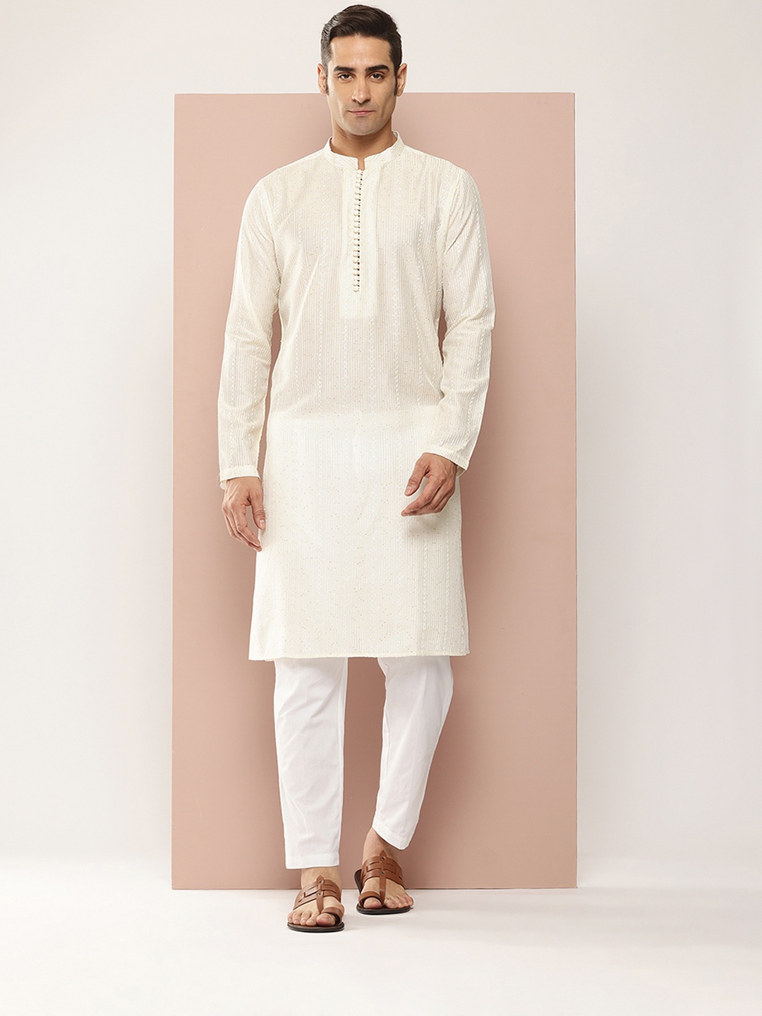 

See Designs Men Embroidered Sequinned Chanderi Silk Kurta with Pyjamas, Off white