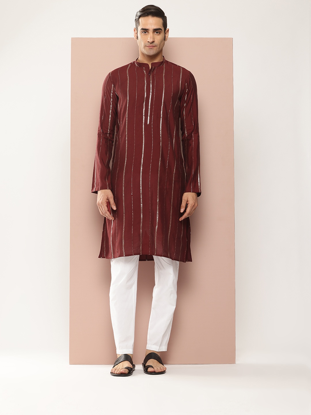 

See Designs Men Embroidered Sequinned Chanderi Silk Kurta with Pyjamas, Maroon