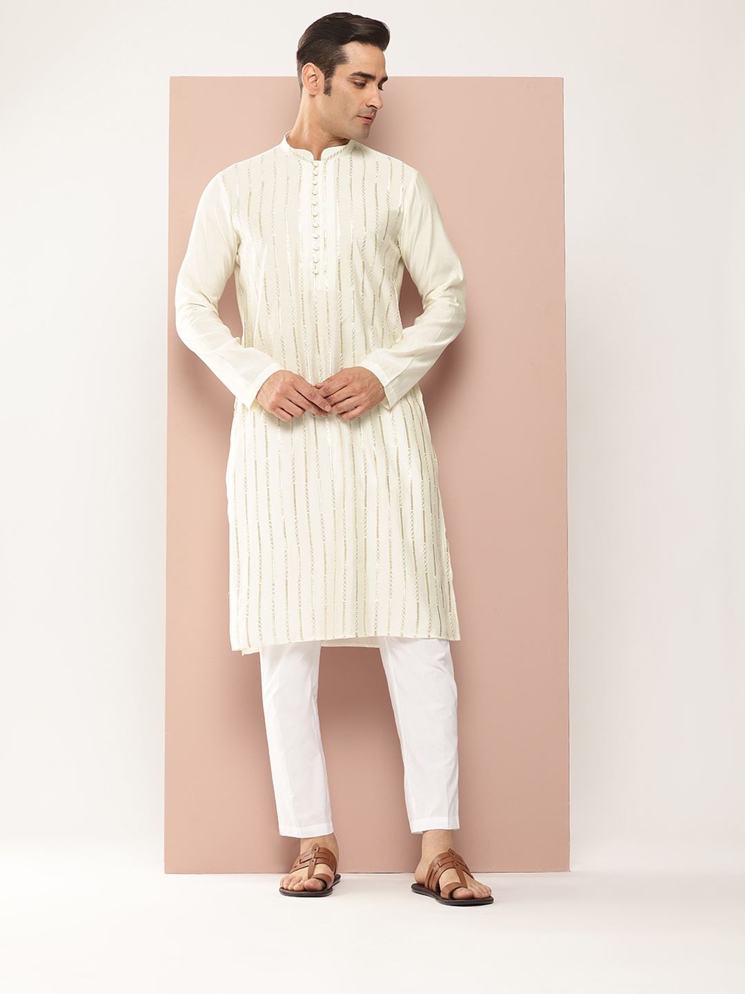 

See Designs Embroidered Sequinned Chanderi Silk Kurta with Pyjamas, Off white