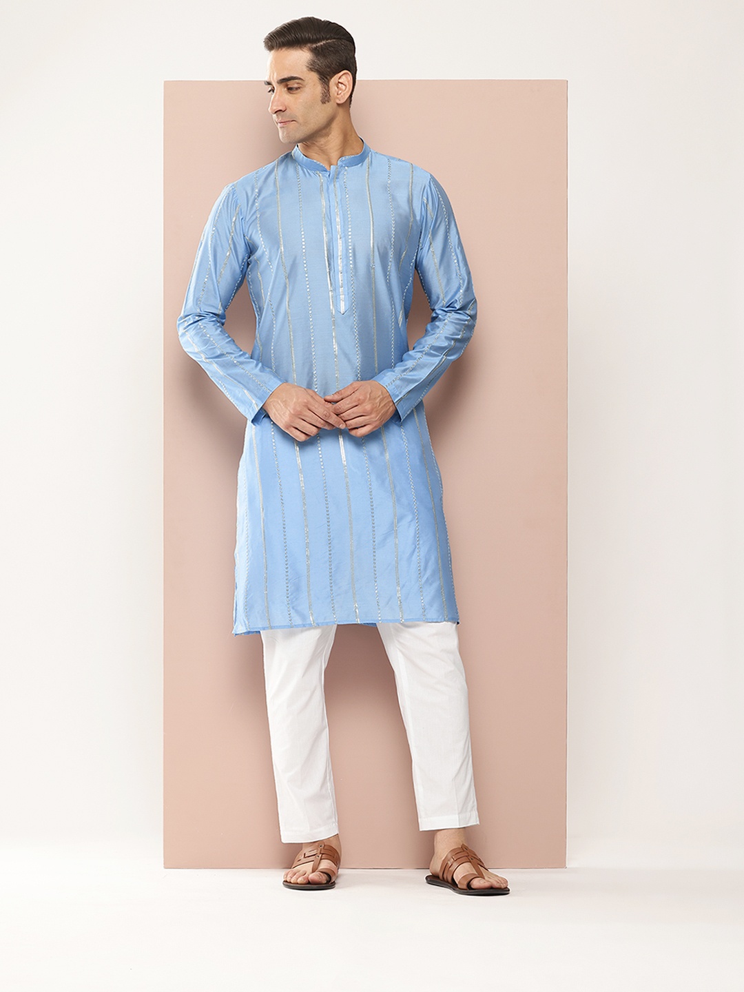 

See Designs Embroidered Sequinned Chanderi Silk Kurta with Pyjamas, Blue
