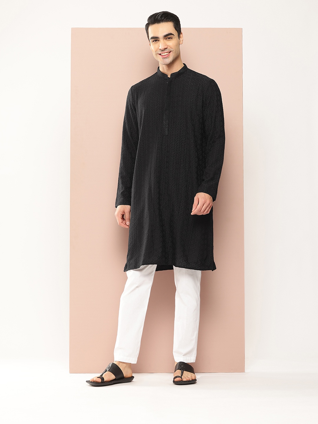 

See Designs Embroidered Thread Work Kurta with Pyjamas, Black