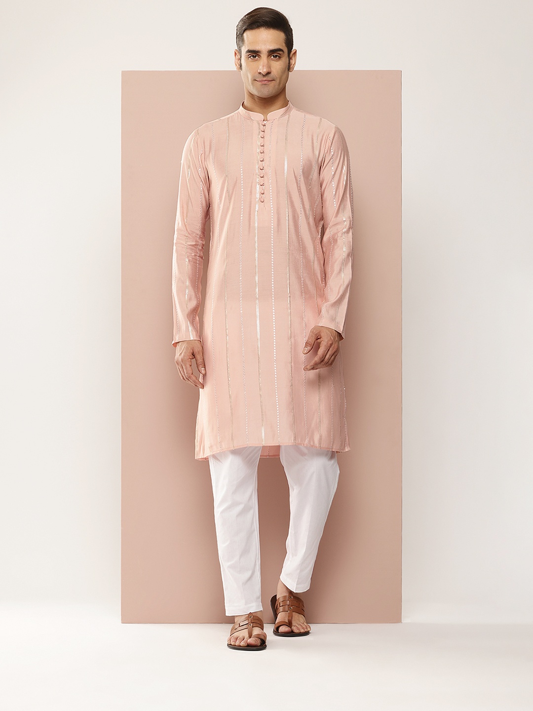 

See Designs Embroidered Sequinned Chanderi Silk Kurta with Pyjamas, Pink