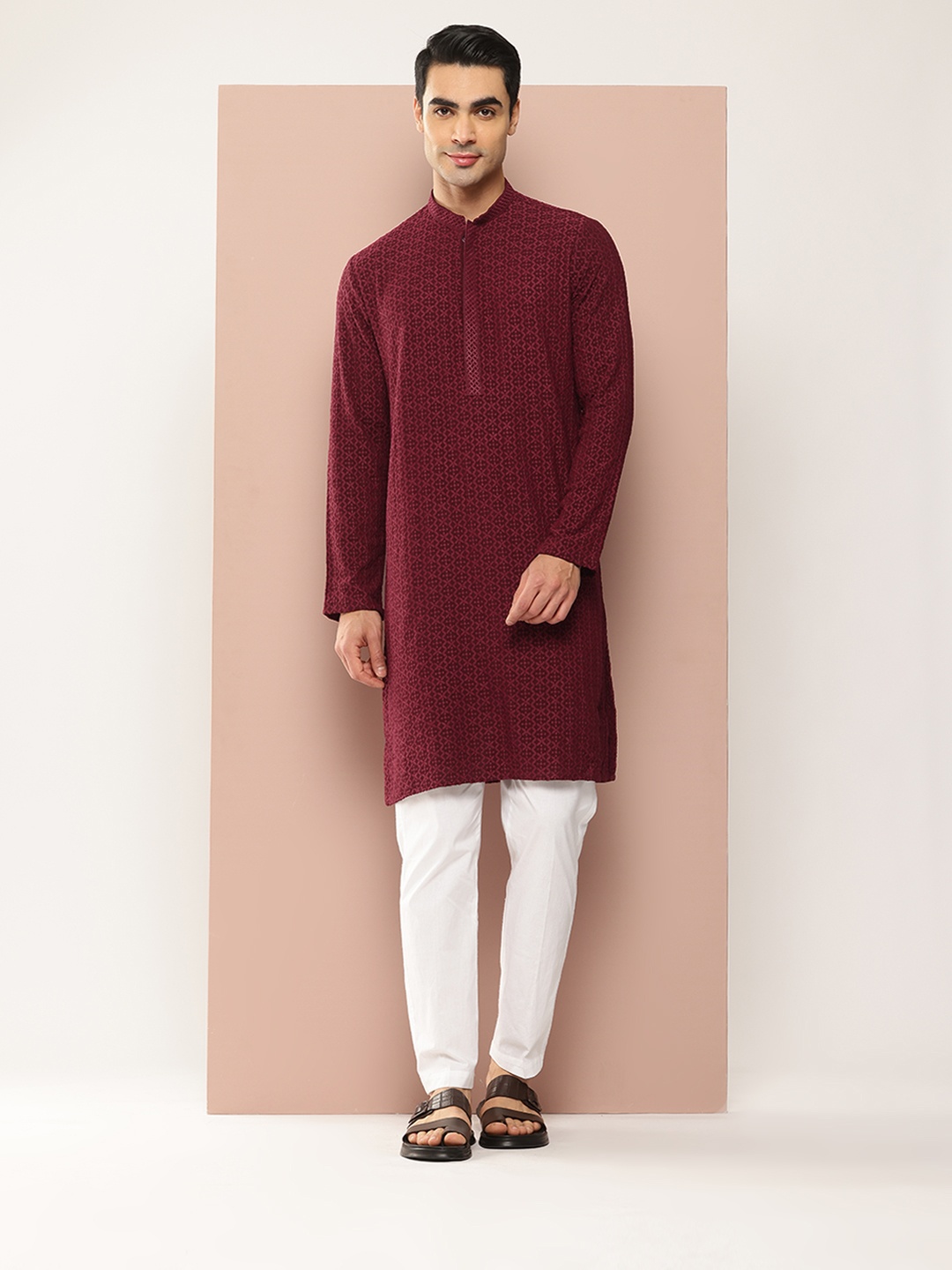 

See Designs Floral Embroidered Thread Work Kurta with Pyjamas, Maroon