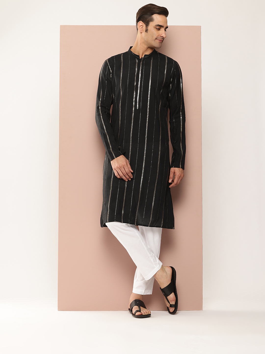 

See Designs Embroidered Sequinned Chanderi Silk Kurta with Pyjamas, Black