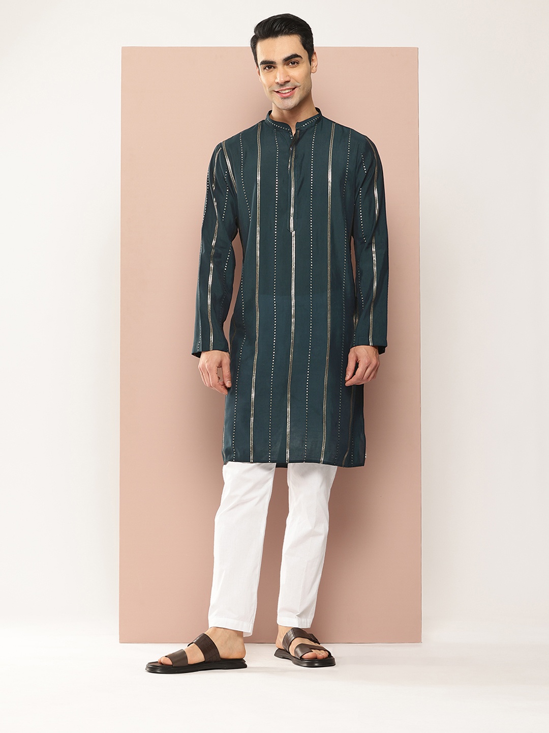 

See Designs Embroidered Regular Sequinned Chanderi Silk Kurta with Pyjamas, Teal