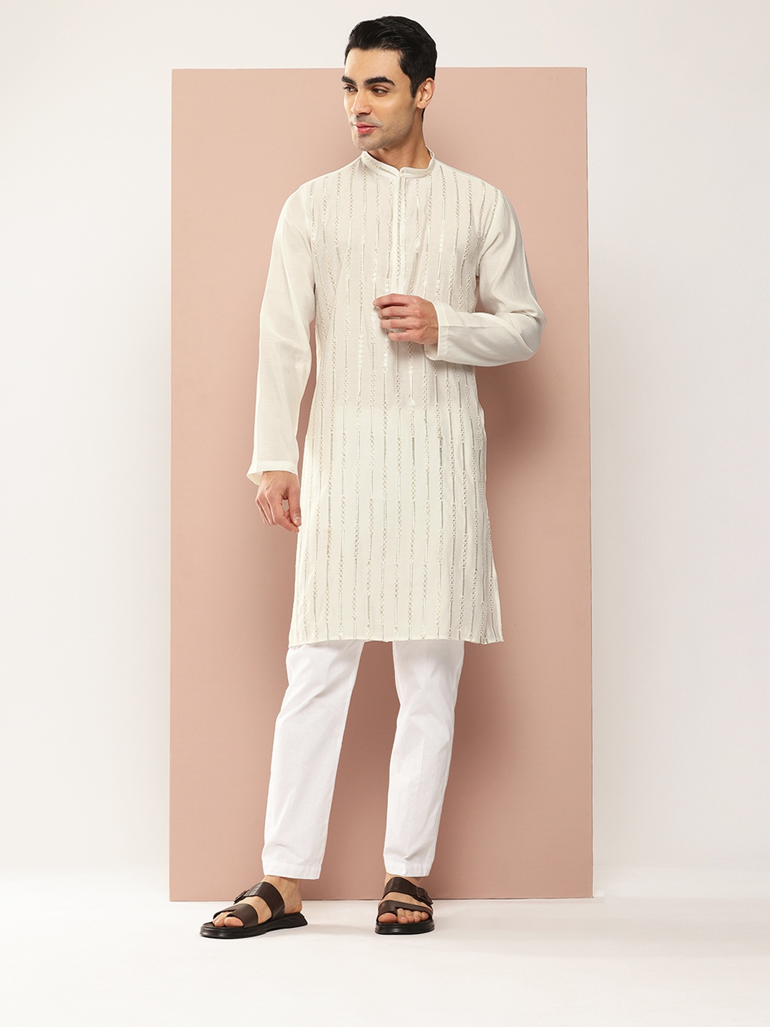 

See Designs Embroidered Sequinned Chanderi Silk Kurta with Pyjamas, Off white