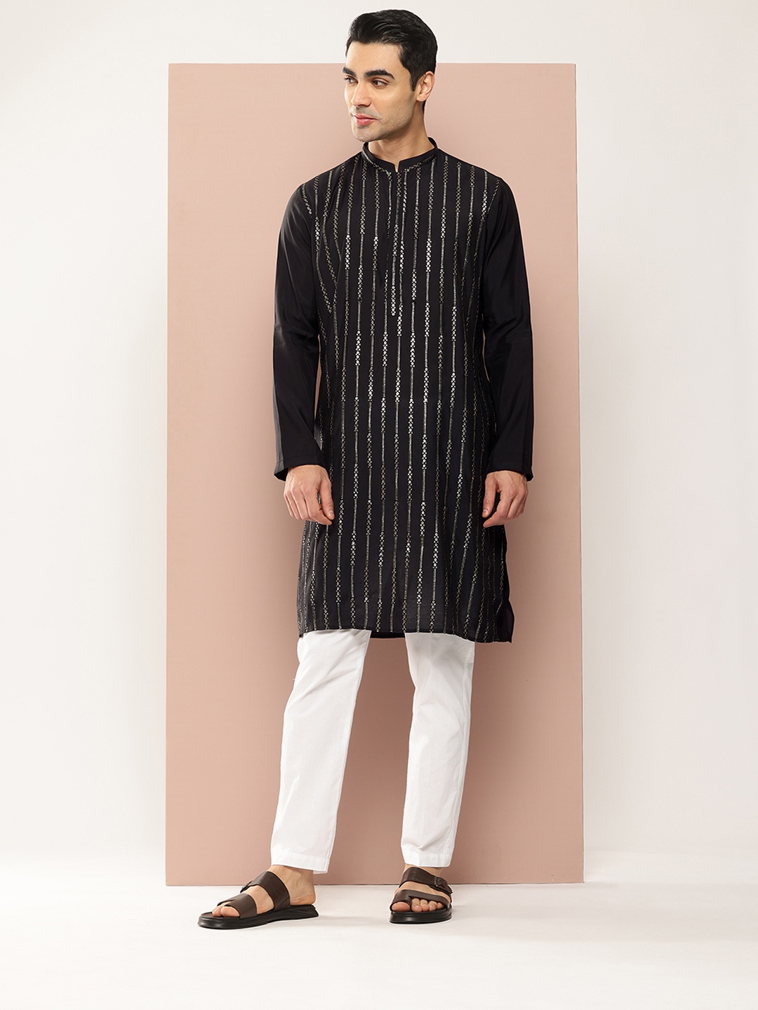 

See Designs Embroidered Sequinned Chanderi Silk Kurta with Pyjamas, Black