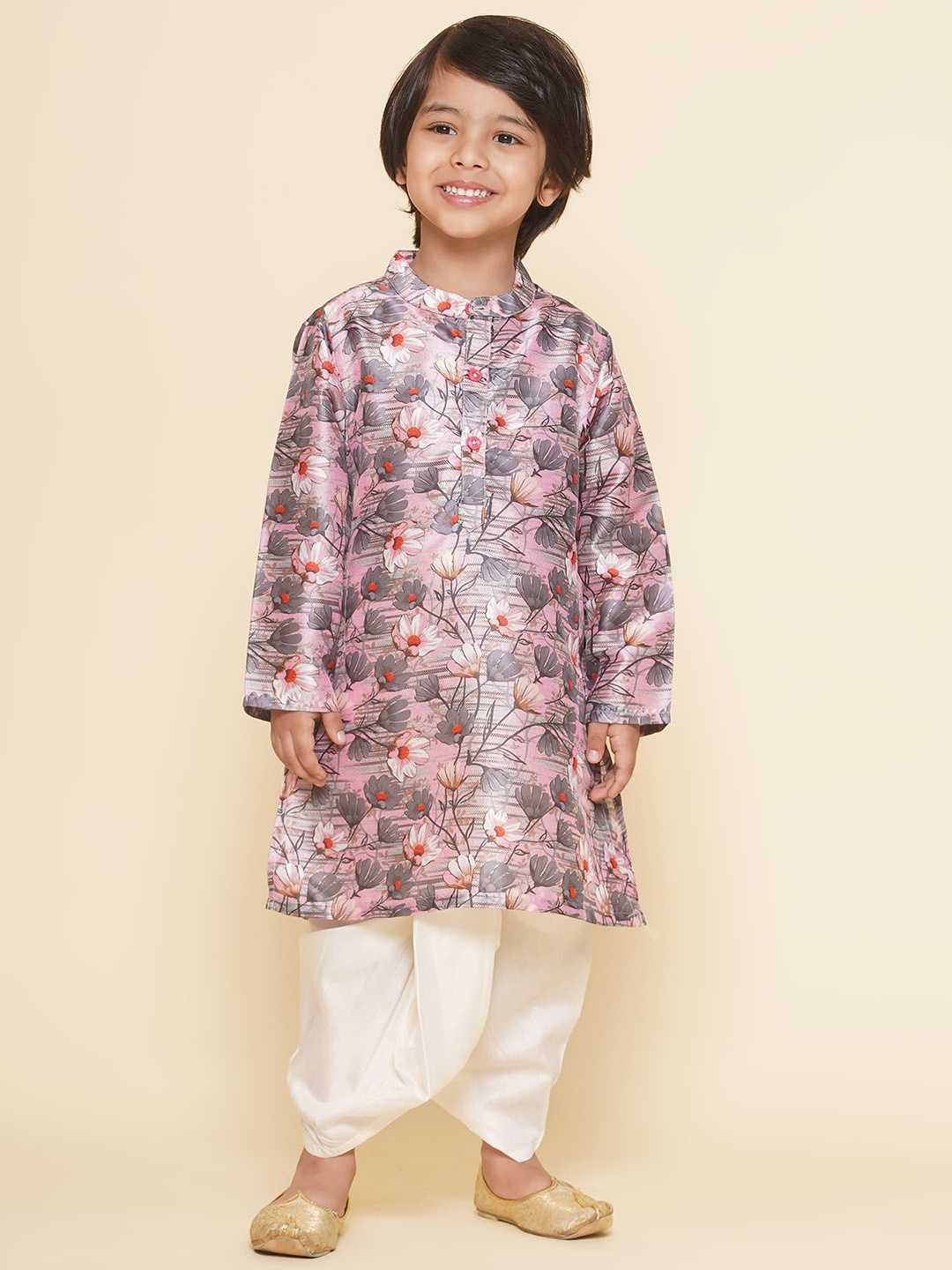 

Sethukrishna Boys Floral Printed Band Collar Straight Kurta With Dhoti Pant, Grey
