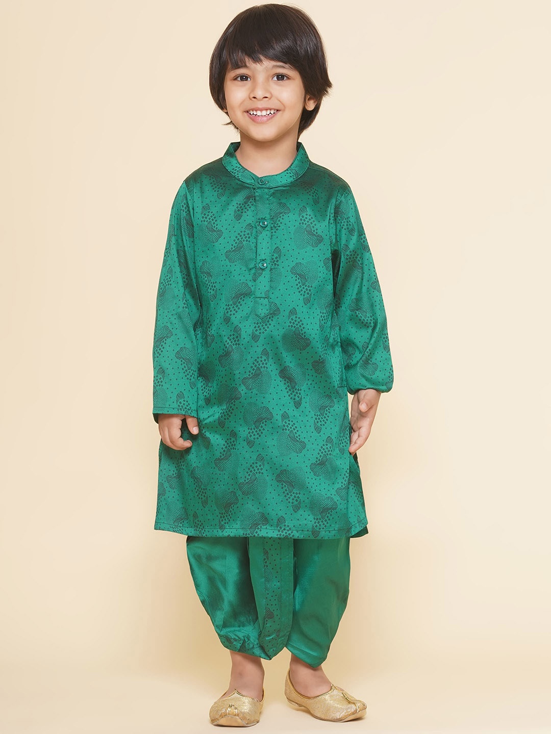 Sethukrishna Boys Geometric Mandarin Collar Printed Straight Kurta, Green