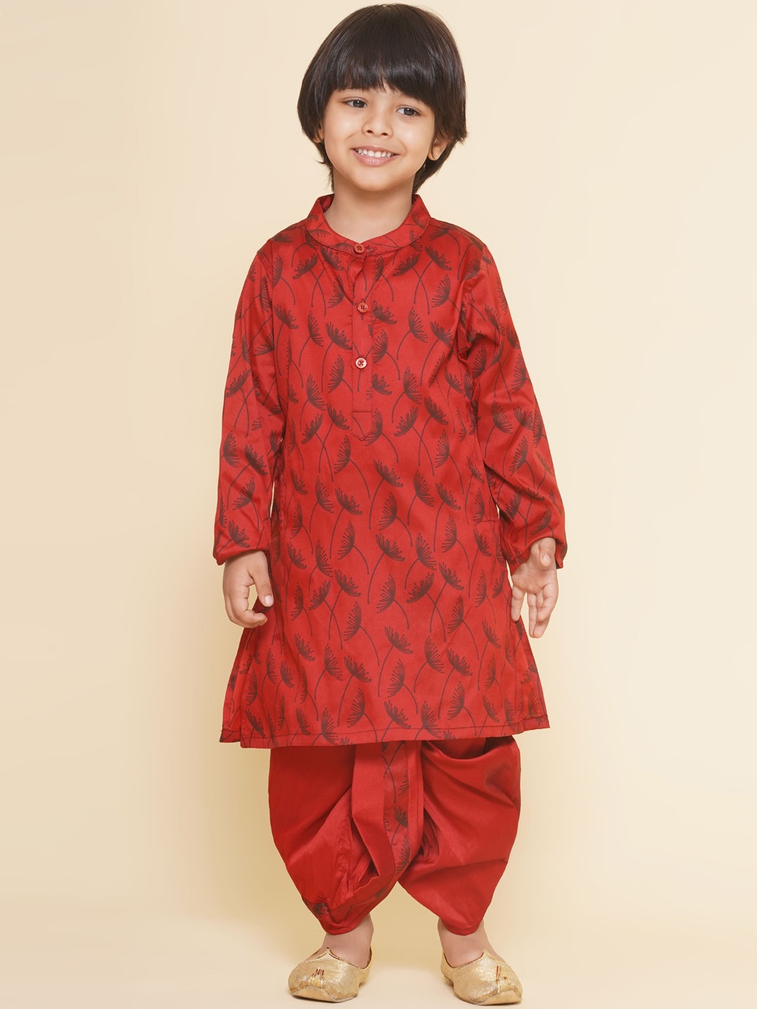 

Sethukrishna Boys Floral Printed Band Collar Straight Kurta With Dhoti Pant, Maroon