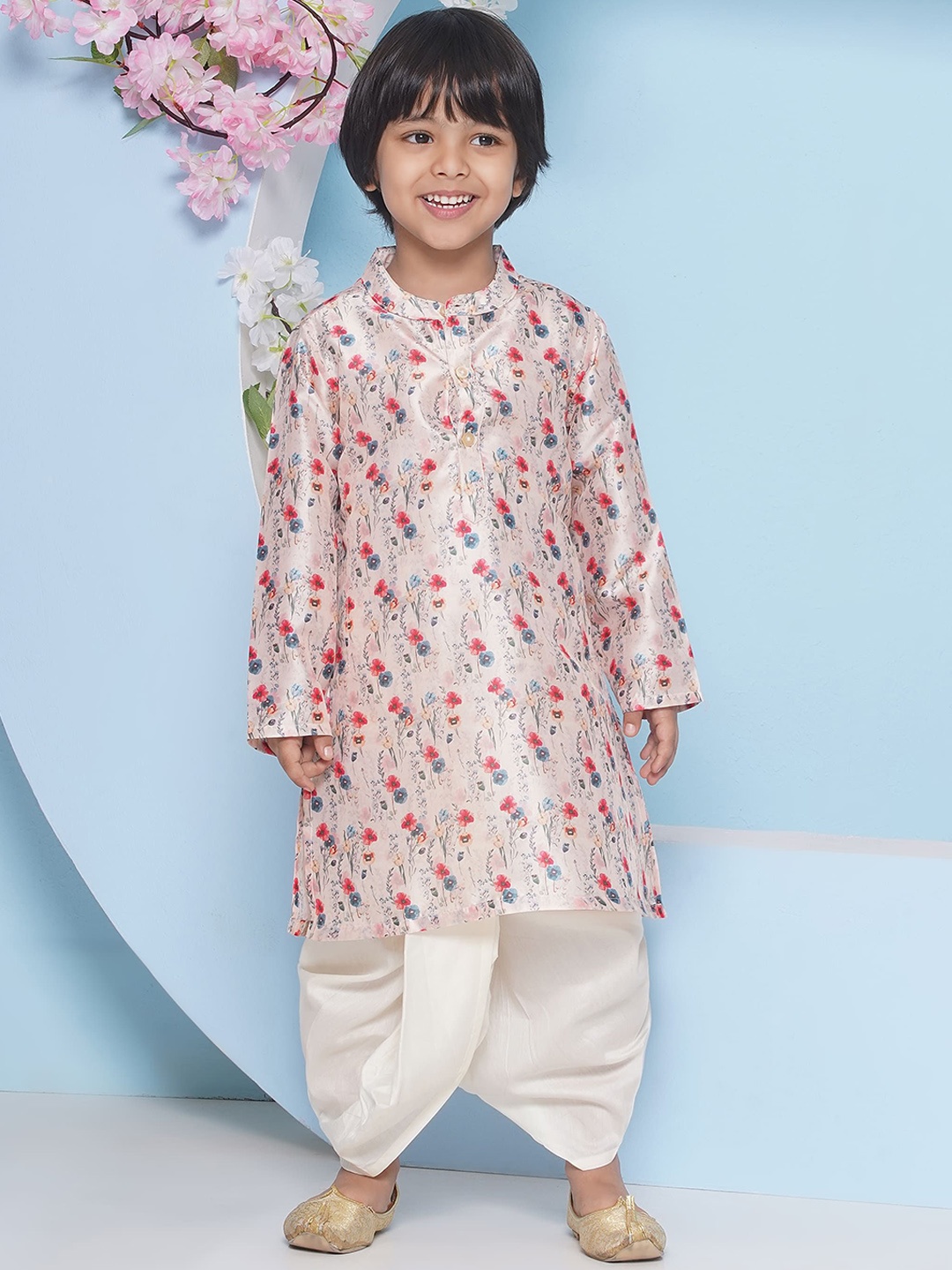 

Sethukrishna Boys Floral Printed Band Collar Straight Kurta, Pink