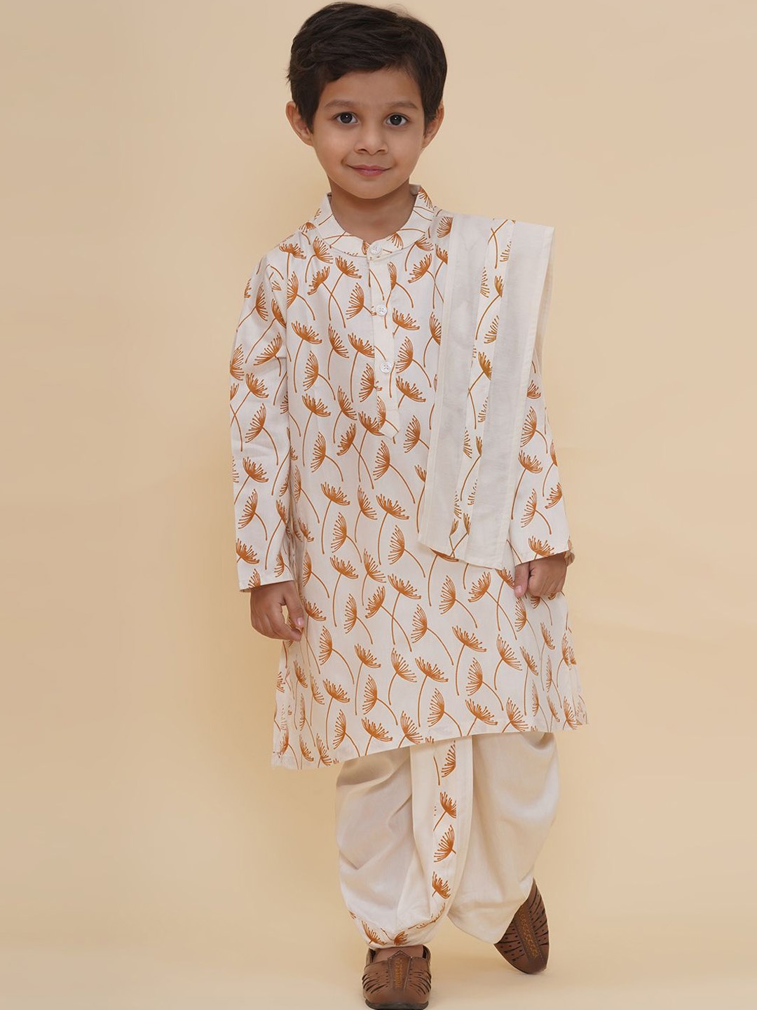 

Sethukrishna Boys Floral Printed Band Collar Straight Kurta With Dhoti Pant & Dupatta, Off white