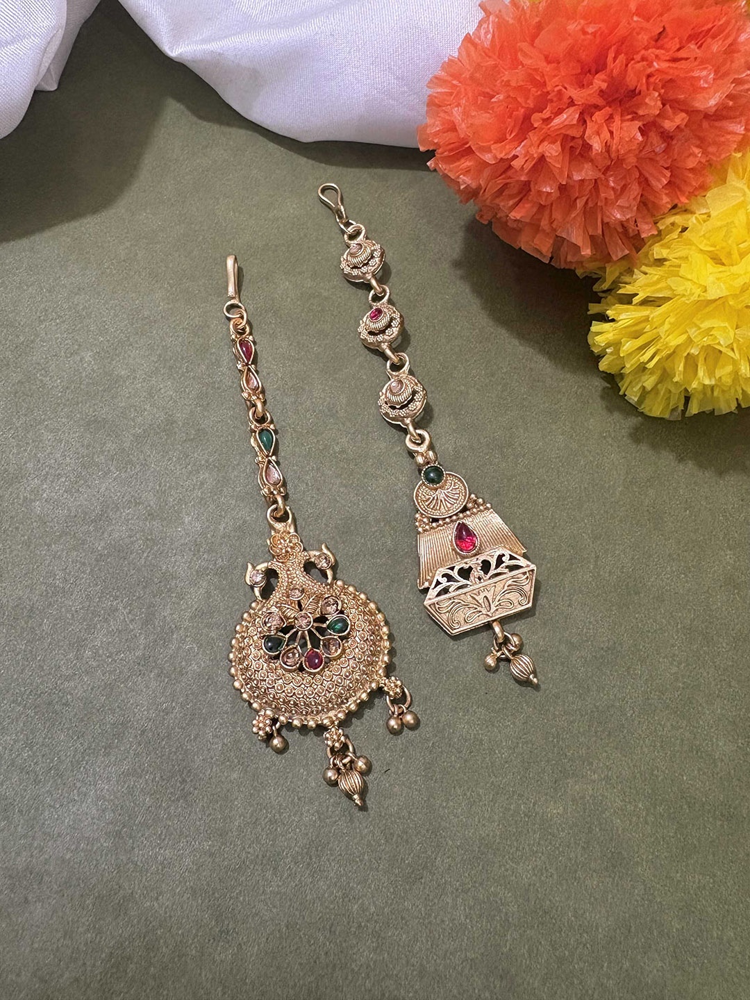 

ATIBELLE Set of 2 Gold-Plated Stone Studded & Beaded Floral & Peacock Shaped Maang Tikkas