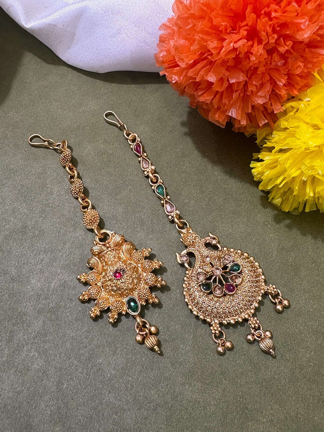 

ATIBELLE Set of 2 Gold-Plated Stone Studded & Beaded Floral & Peacock Shaped Maang Tikkas