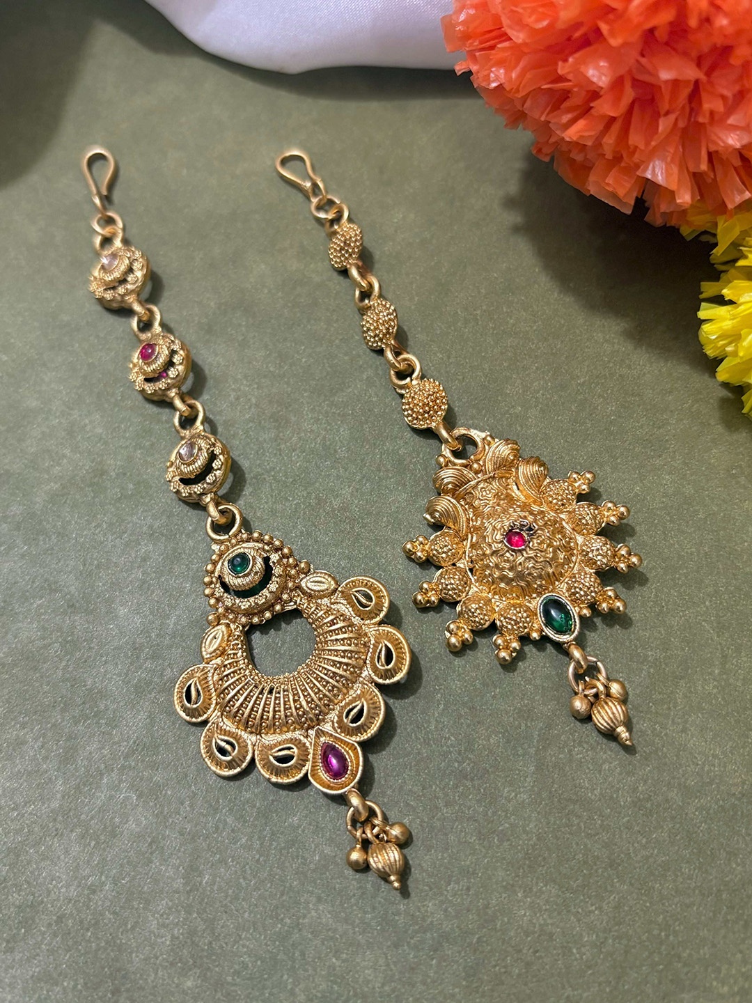 

ATIBELLE Set of 2 Gold-Plated Stone Studded & Beaded Floral Shaped Maang Tikkas